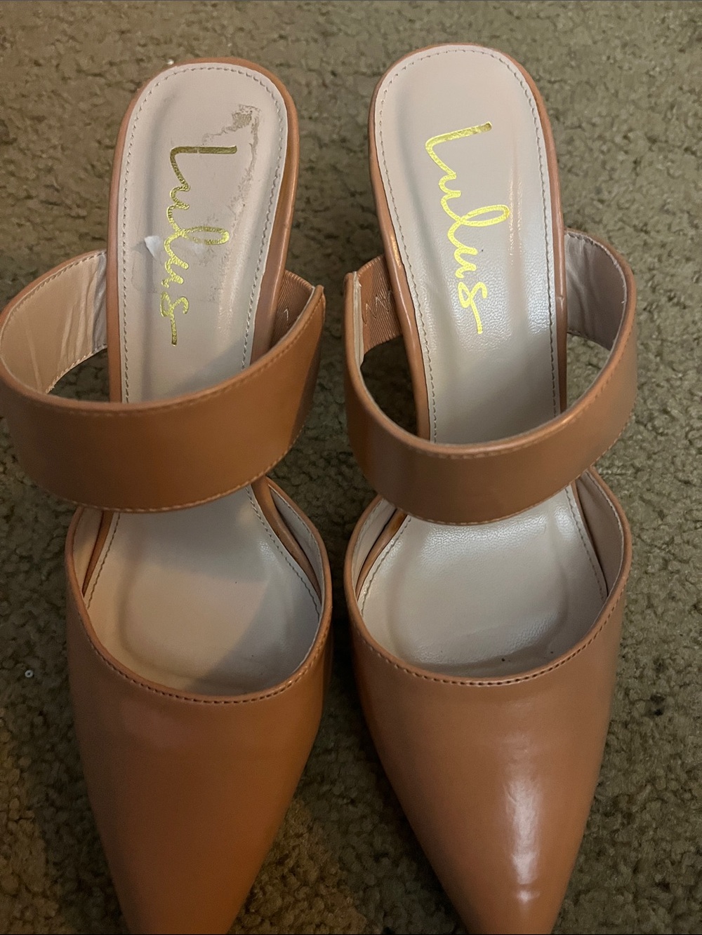 Lulu's Cognac Pointed-Toe Mule Heels with Wide Strap